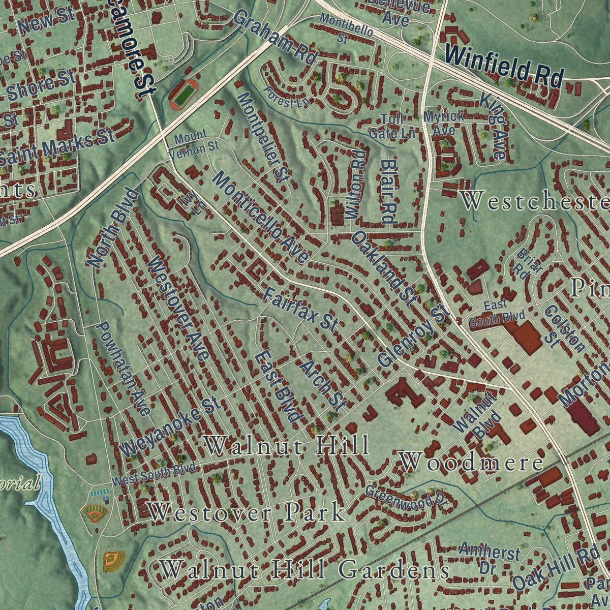 Close-up of the map of Petersburg, Virginia print showing street and building detail