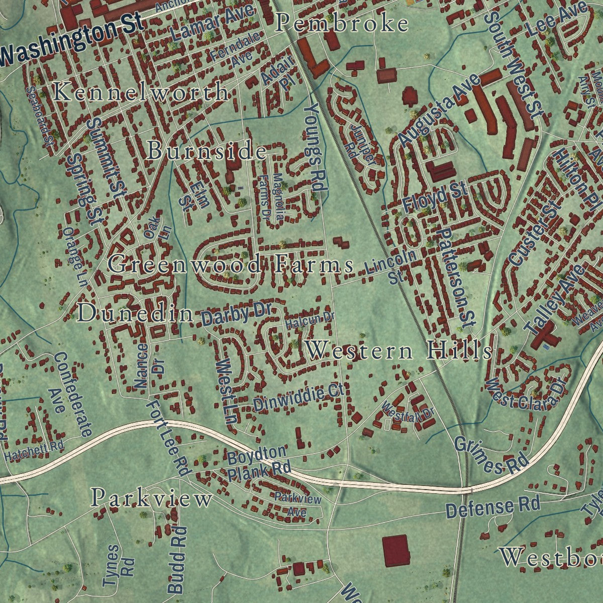 Second close-up of the map of Petersburg, Virginia print showing more streets and buildings