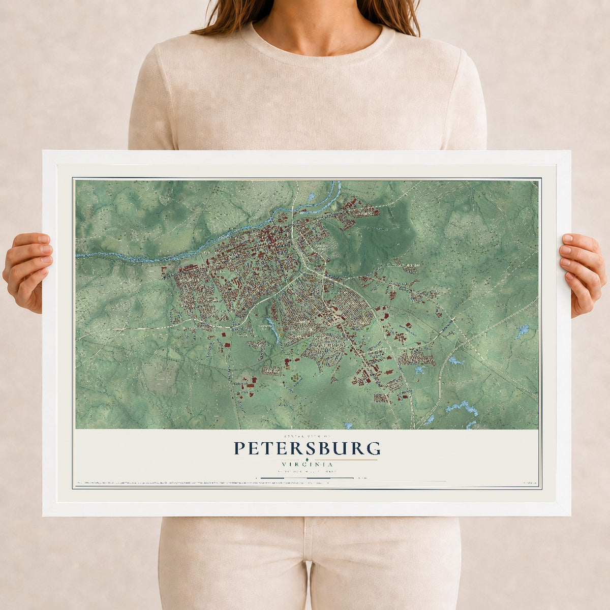 Map of Petersburg, Virginia, 12 x 18 inch print in a white wood frame