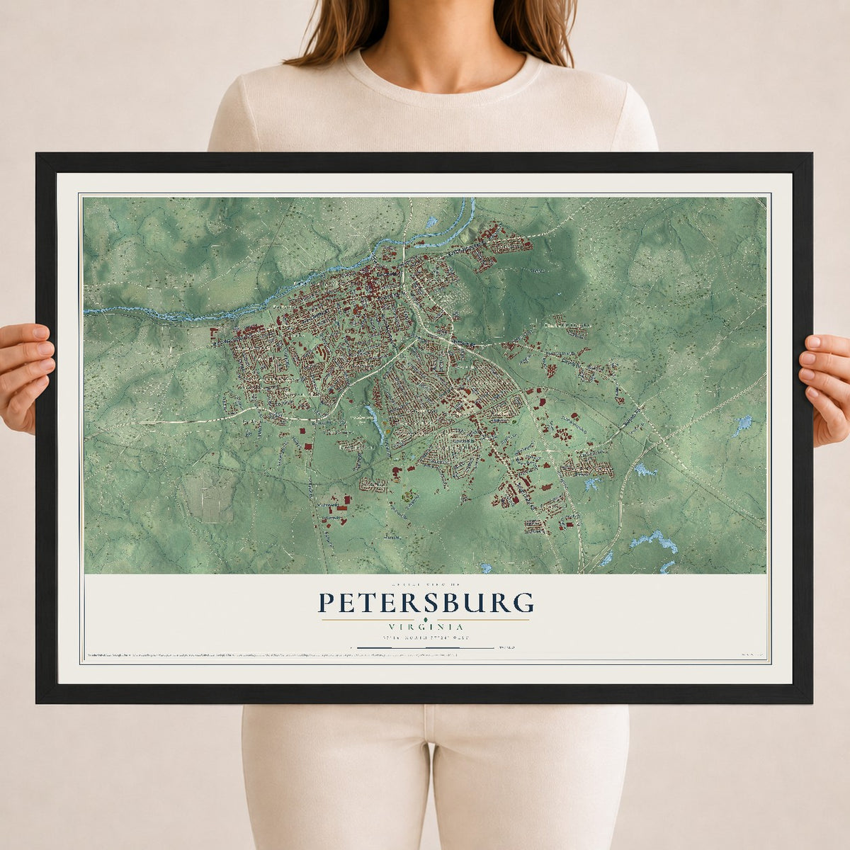 Map of Petersburg, Virginia, 18 x 24 inch print in a black wood frame