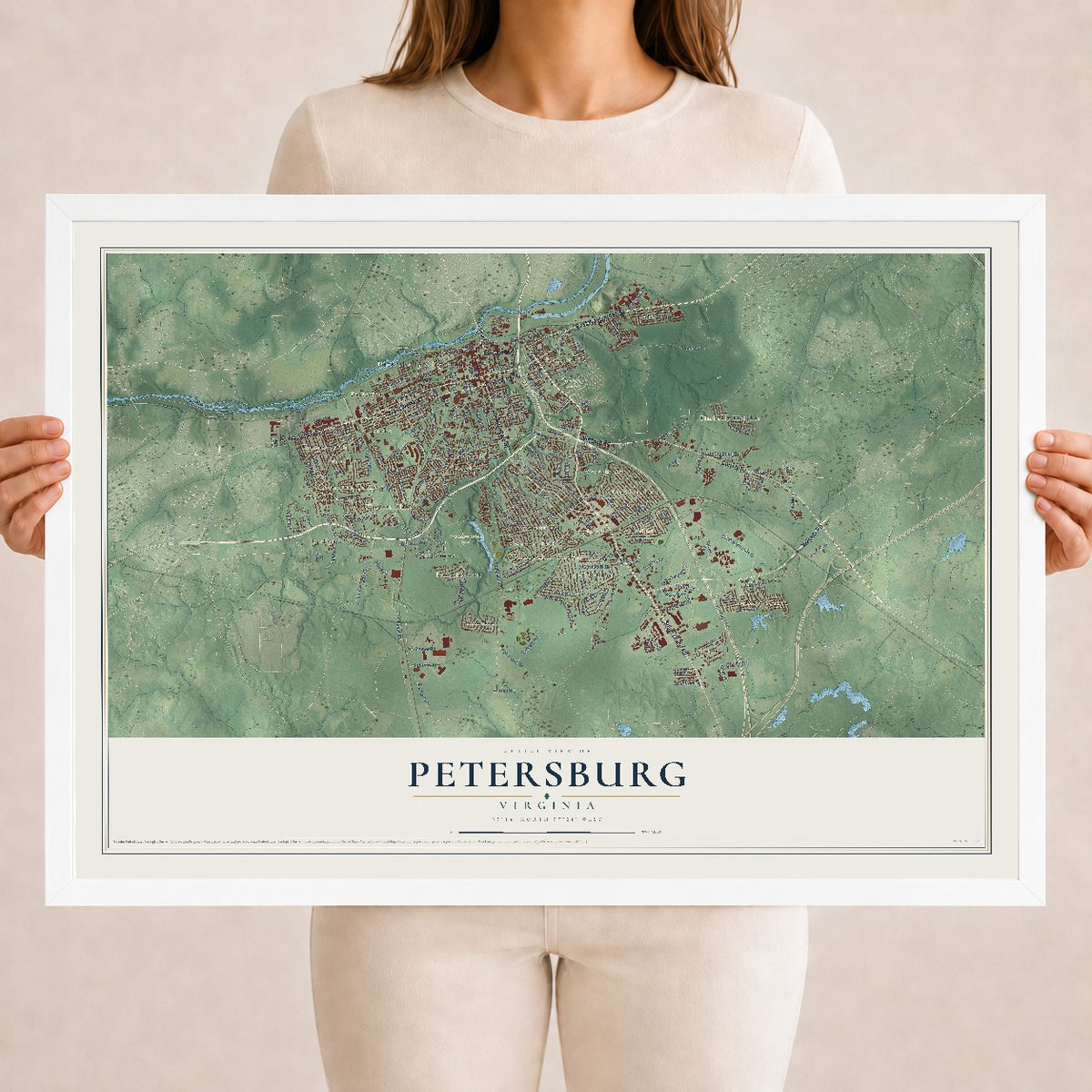 Map of Petersburg, Virginia, 18 x 24 inch print in a white wood frame