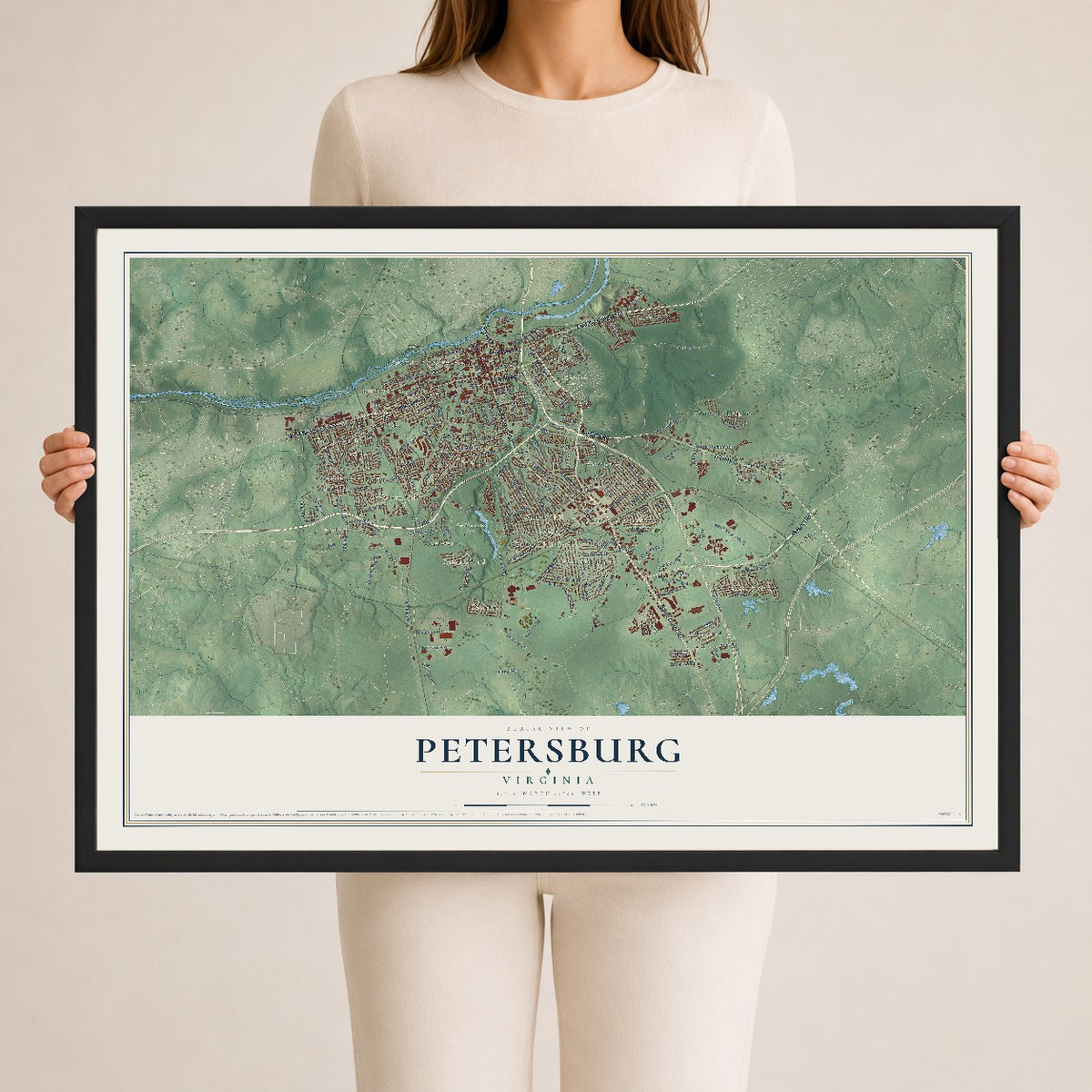 Map of Petersburg, Virginia, 24 x 36 inch print in a black wood frame