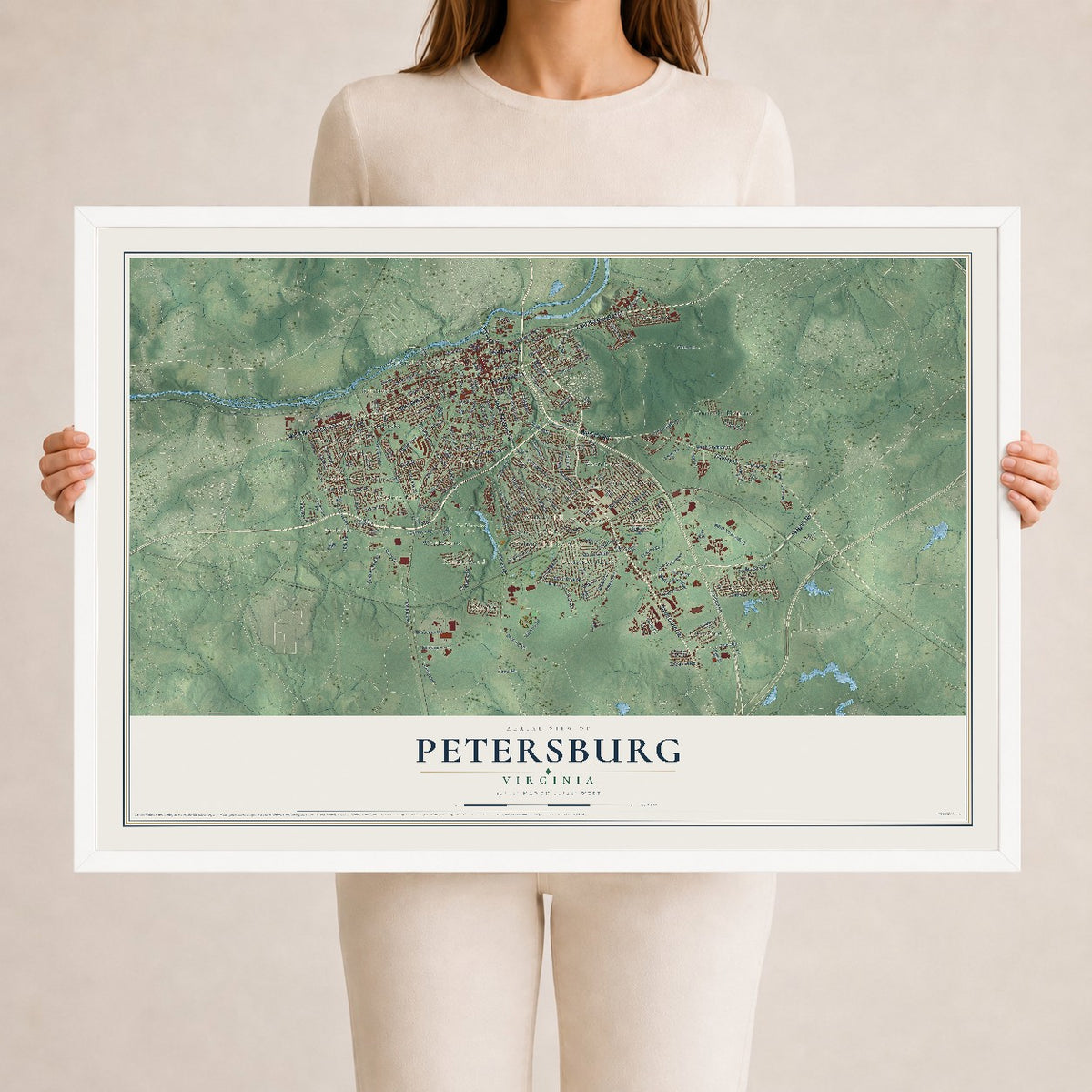 Map of Petersburg, Virginia, 24 x 36 inch print in a white wood frame