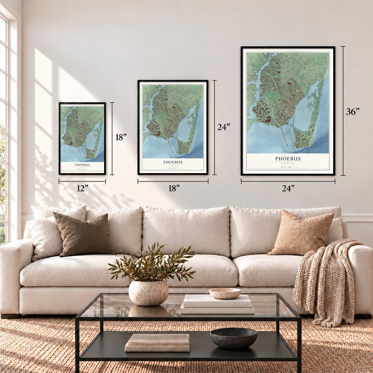 Phoebus, Virginia map in 12 x 18, 18 x 24 and 24 x 36 inch sizes above a sofa