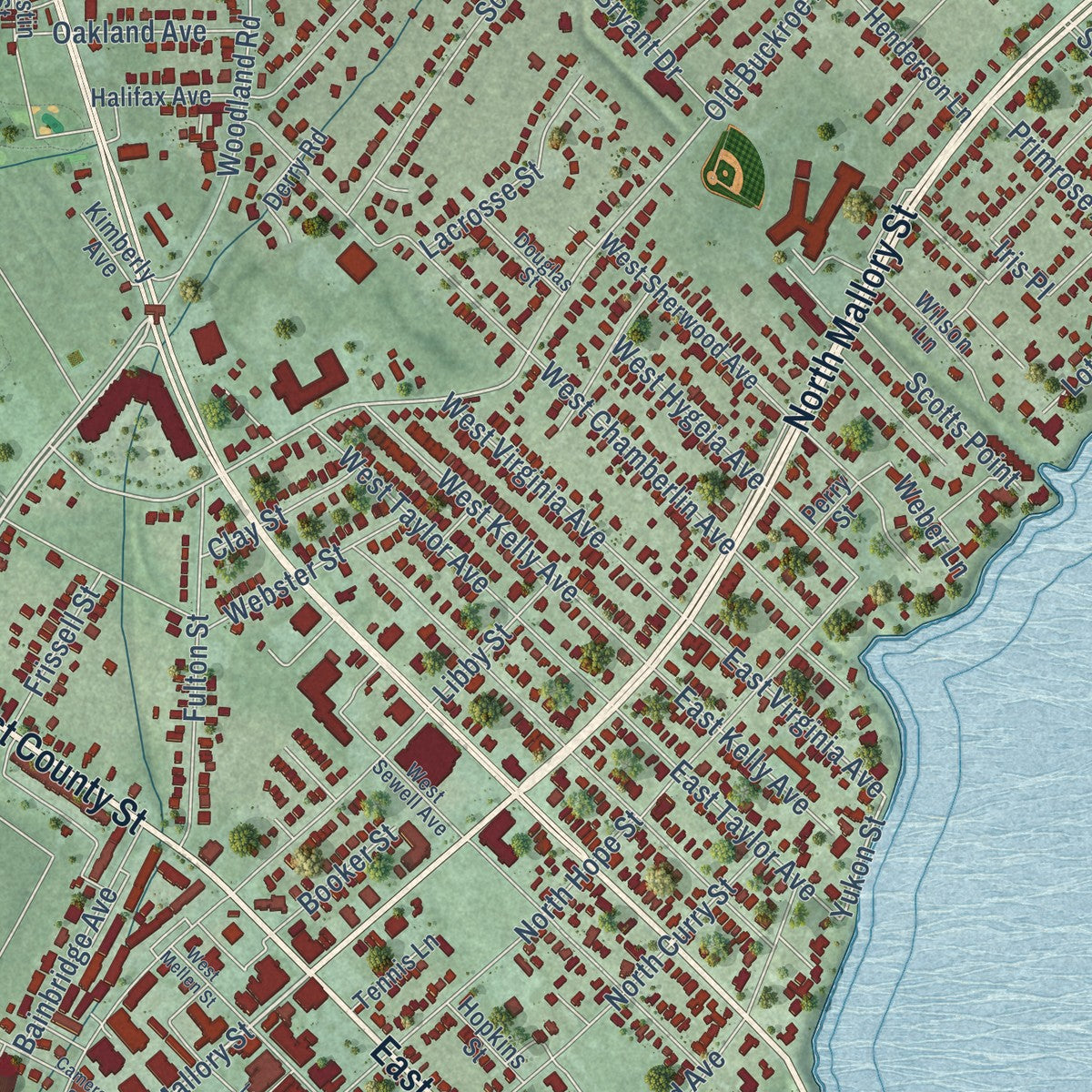 Close-up of the map of Phoebus, Virginia print showing street and building detail