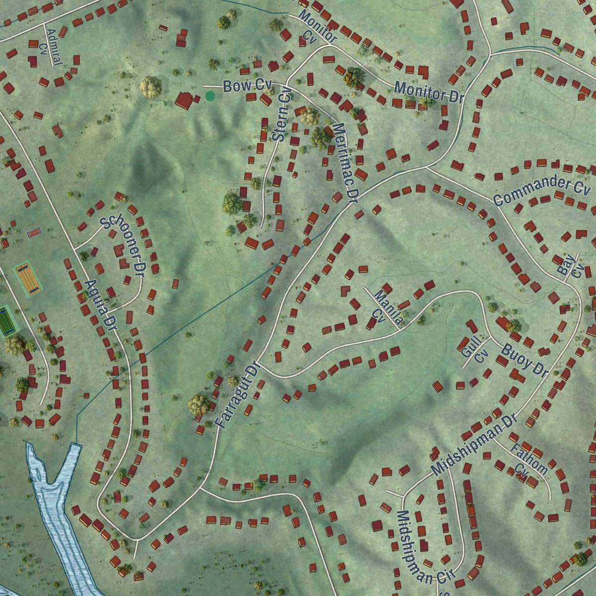Second close-up of the map of Aquia Harbour, Virginia print showing more streets and buildings