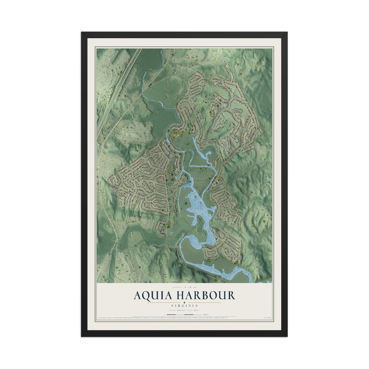 Map of Aquia Harbour, Virginia, 12 x 18 inch print in a black wood frame