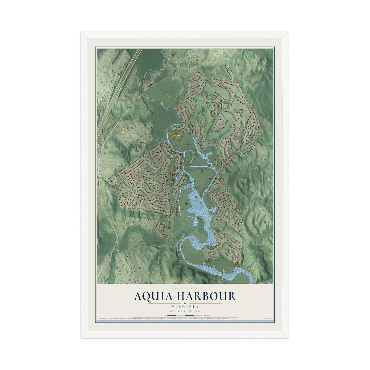 Map of Aquia Harbour, Virginia, 12 x 18 inch print in a white wood frame