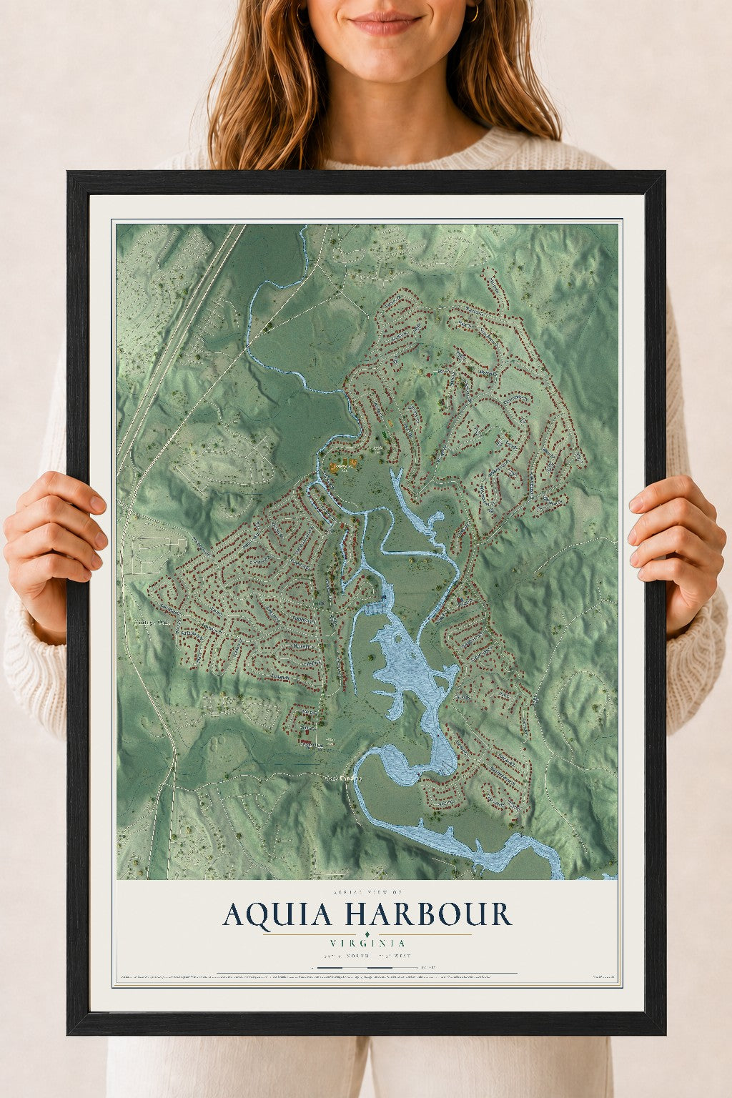 Map of Aquia Harbour, Virginia, 18 x 24 inch print in a black wood frame