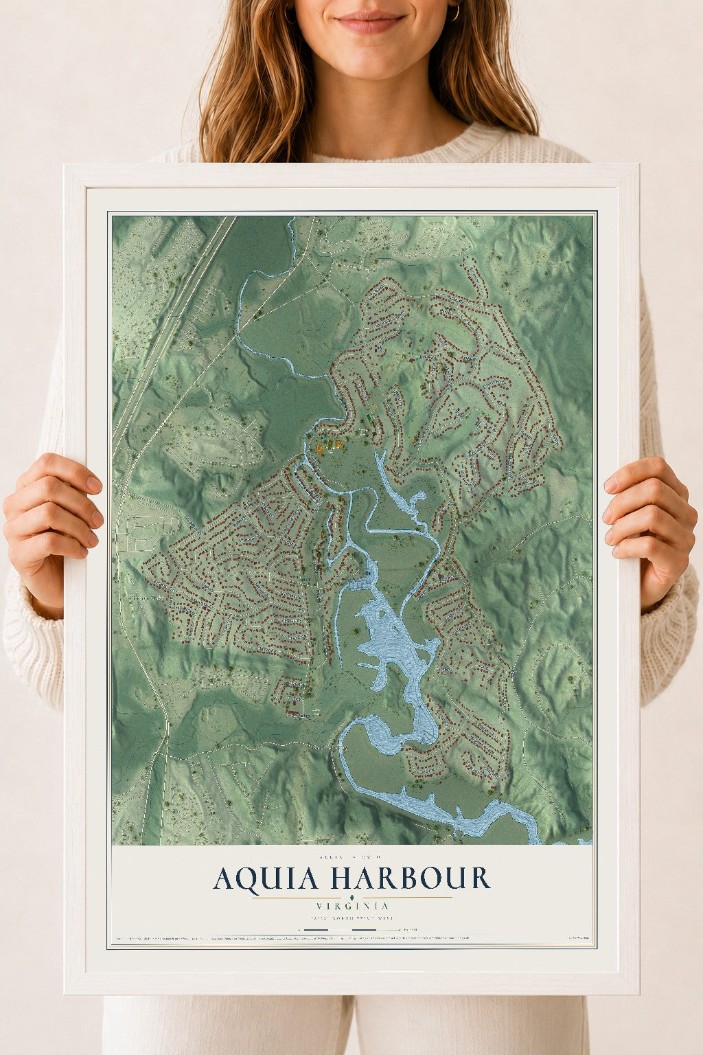Map of Aquia Harbour, Virginia, 18 x 24 inch print in a white wood frame