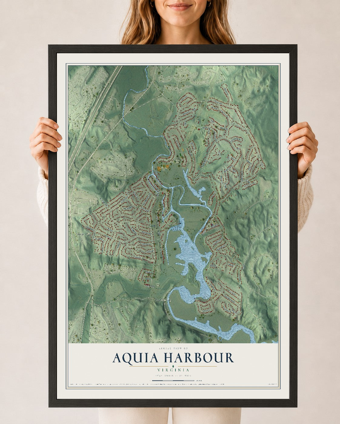 Map of Aquia Harbour, Virginia, 24 x 36 inch print in a black wood frame