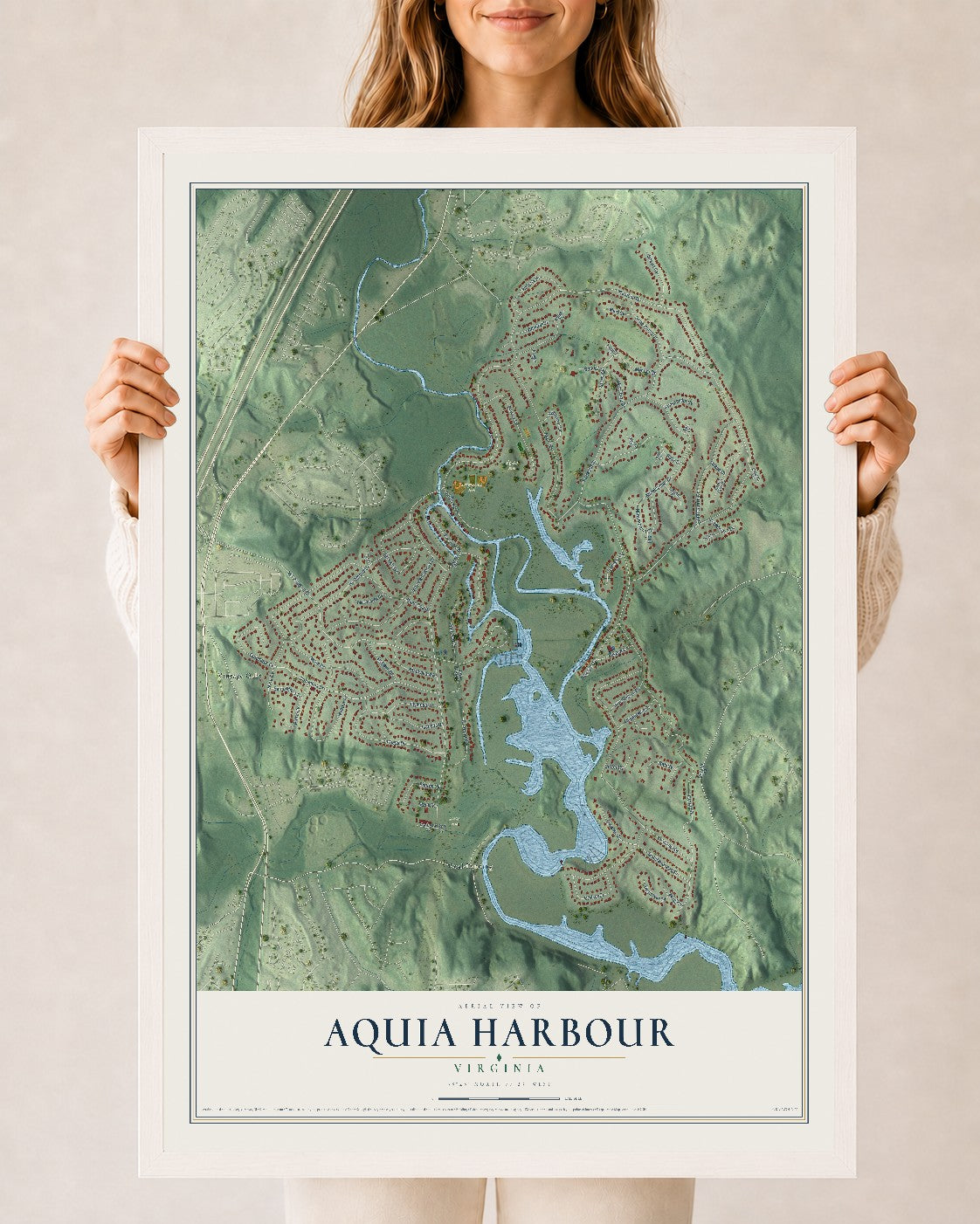 Map of Aquia Harbour, Virginia, 24 x 36 inch print in a white wood frame
