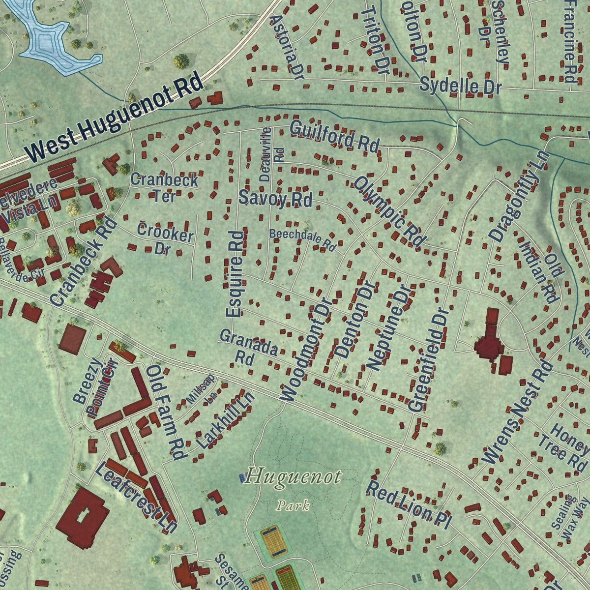 Close-up of the map of Bon Air, Virginia print showing street and building detail