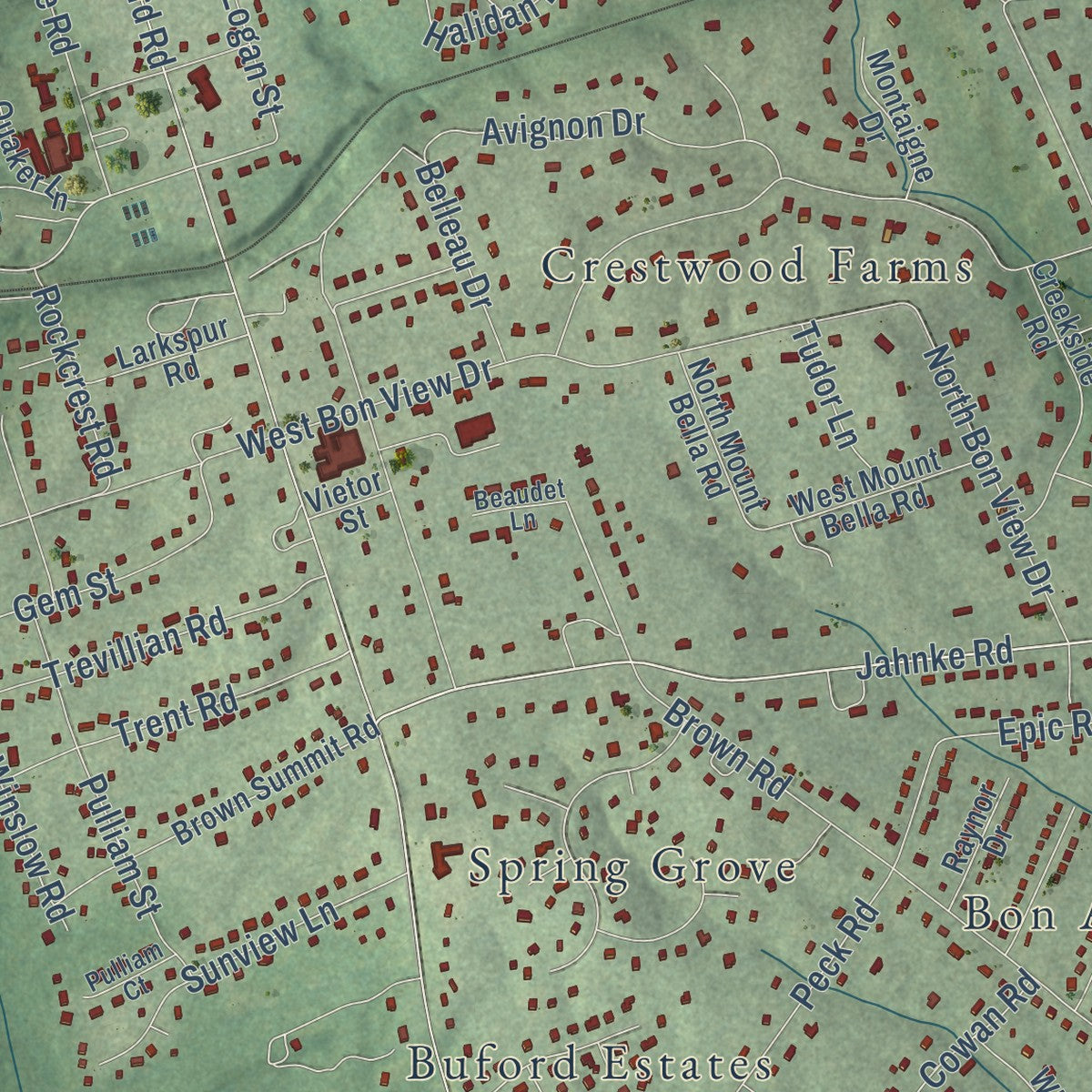 Second close-up of the map of Bon Air, Virginia print showing more streets and buildings