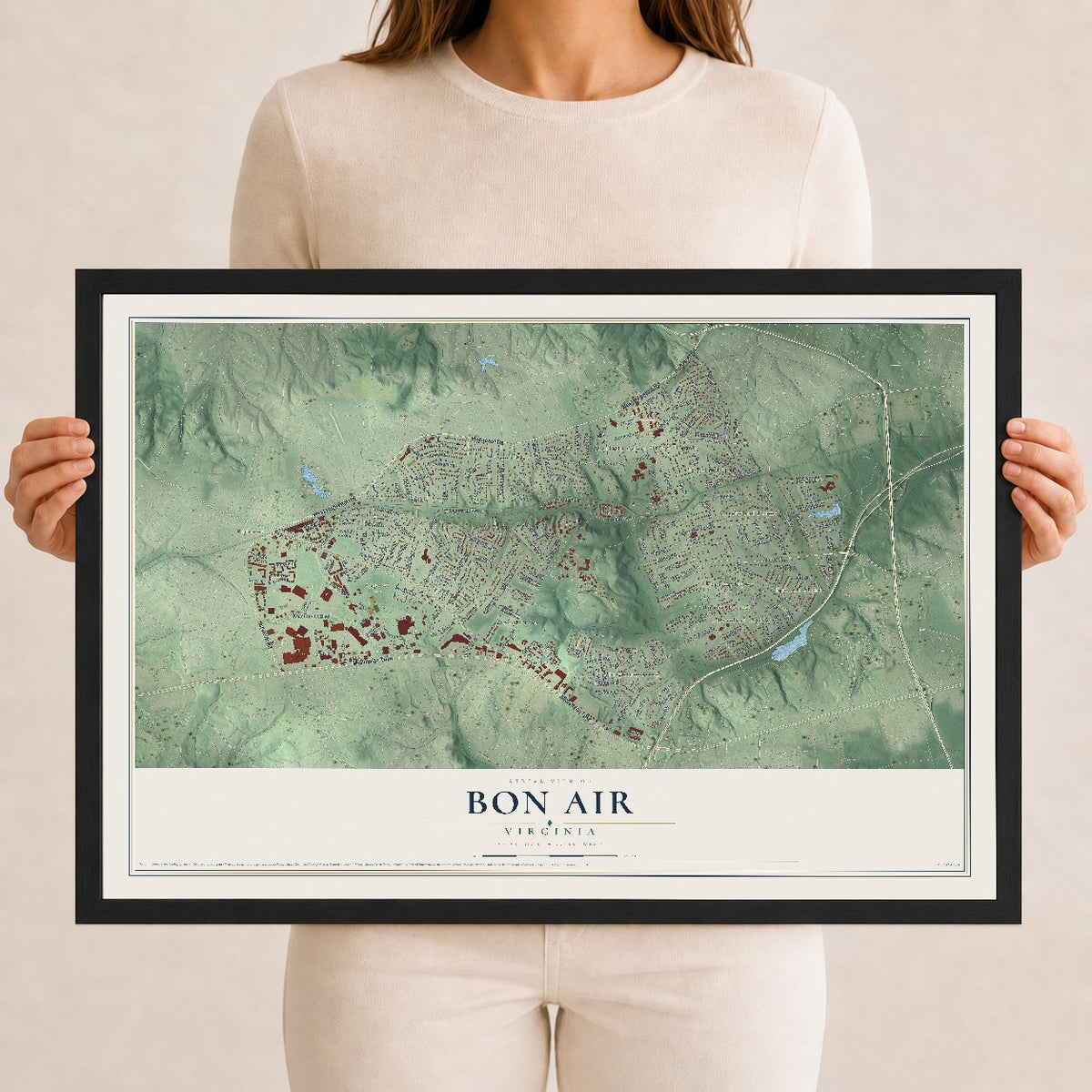 Map of Bon Air, Virginia, 12 x 18 inch print in a black wood frame