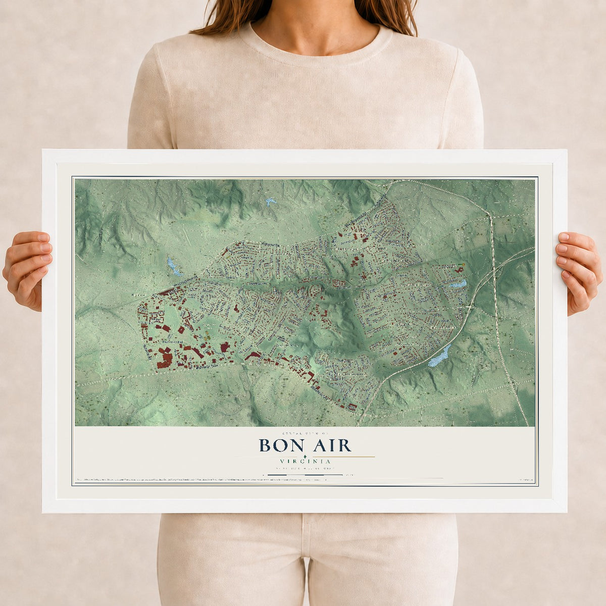 Map of Bon Air, Virginia, 12 x 18 inch print in a white wood frame