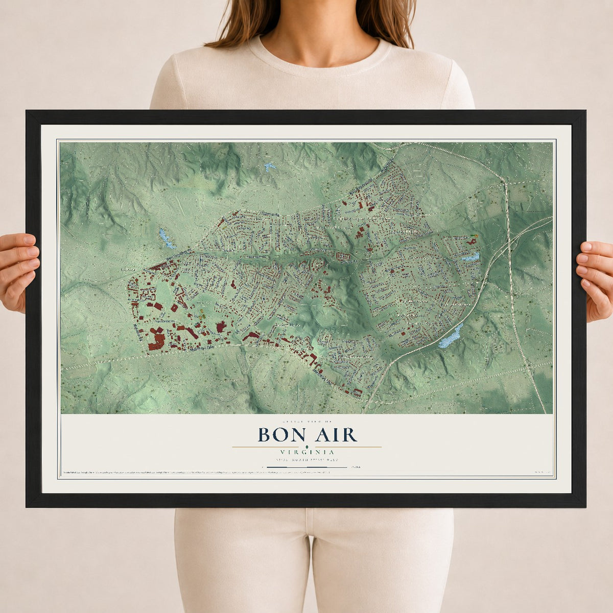 Map of Bon Air, Virginia, 18 x 24 inch print in a black wood frame