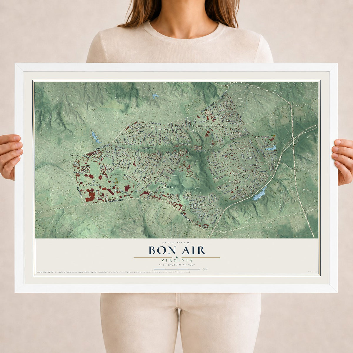 Map of Bon Air, Virginia, 18 x 24 inch print in a white wood frame