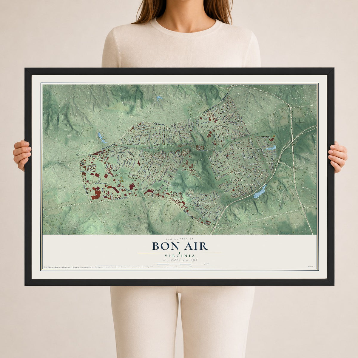 Map of Bon Air, Virginia, 24 x 36 inch print in a black wood frame