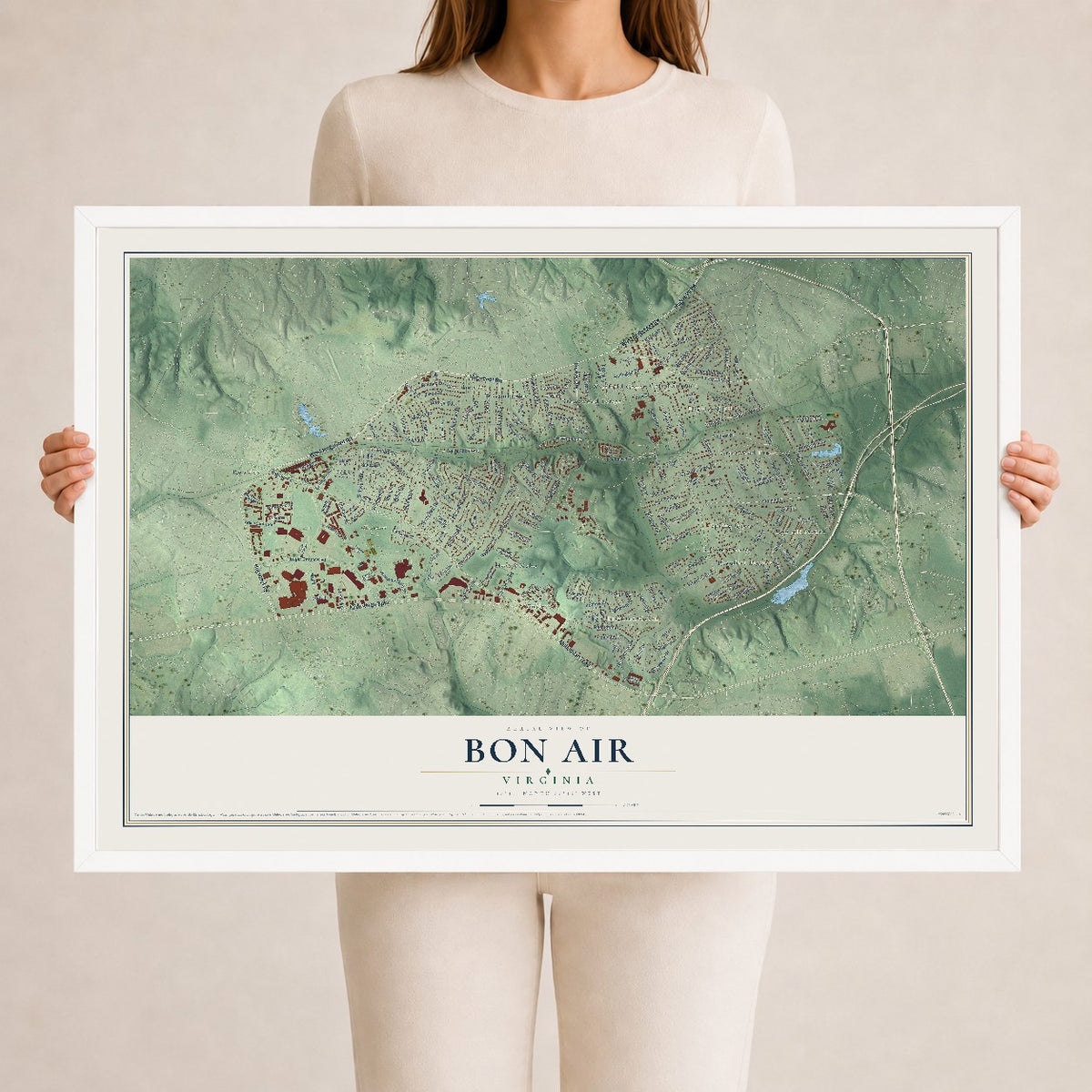 Map of Bon Air, Virginia, 24 x 36 inch print in a white wood frame