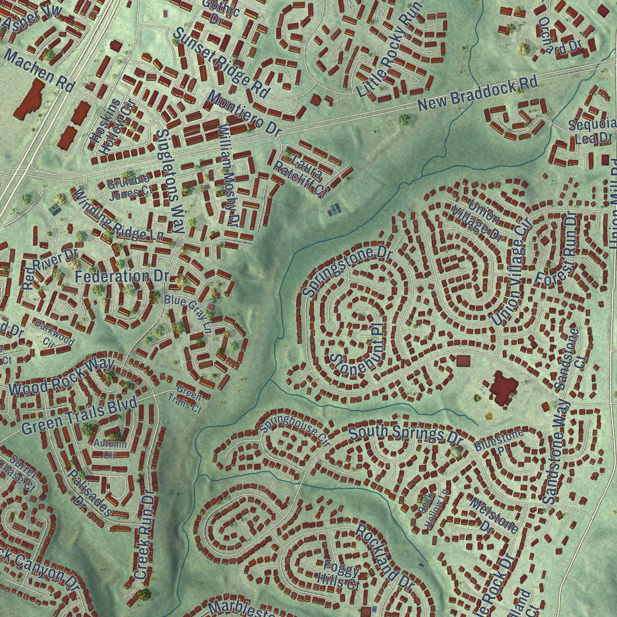 Close-up of the map of Centreville, Virginia print showing street and building detail