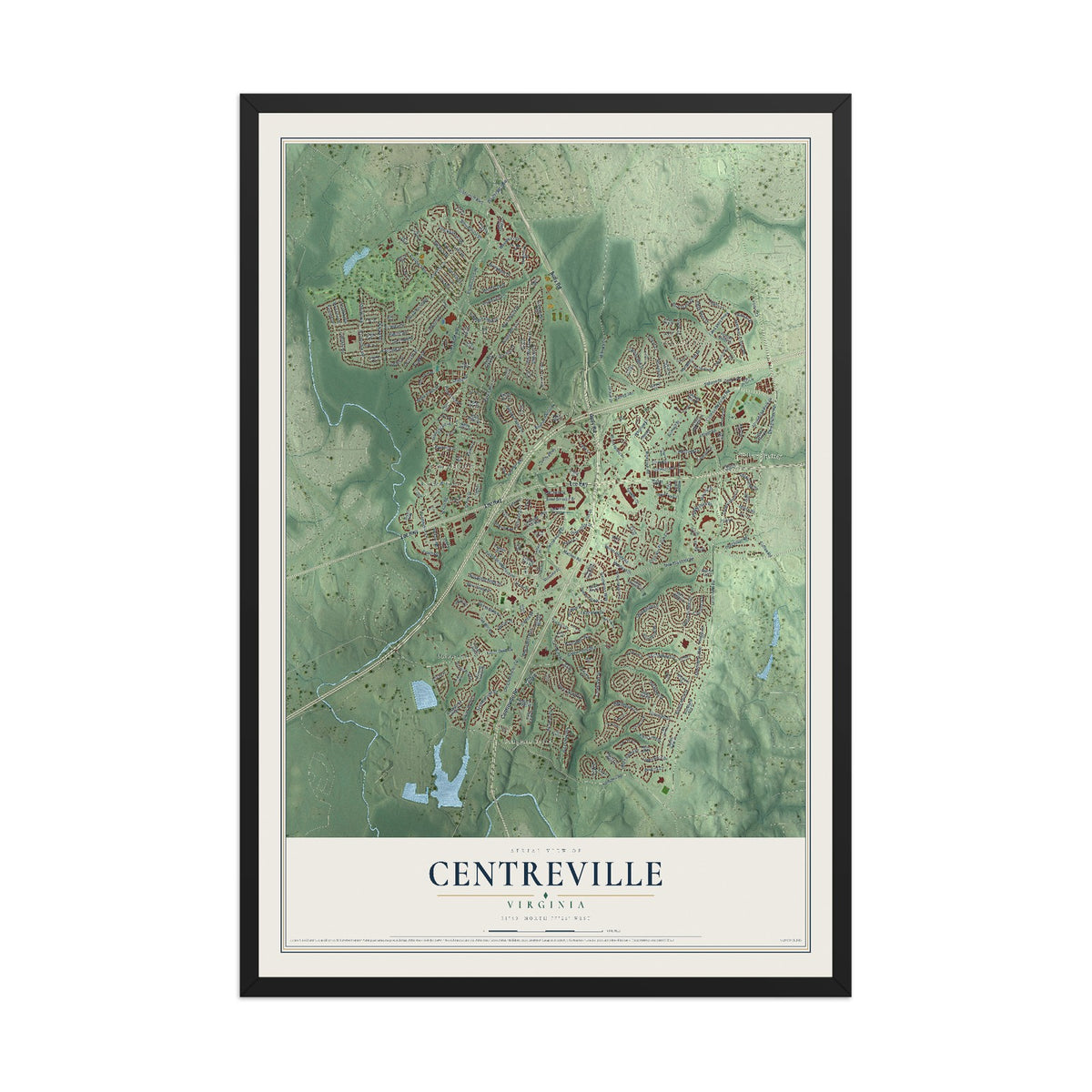 Map of Centreville, Virginia, 12 x 18 inch print in a black wood frame