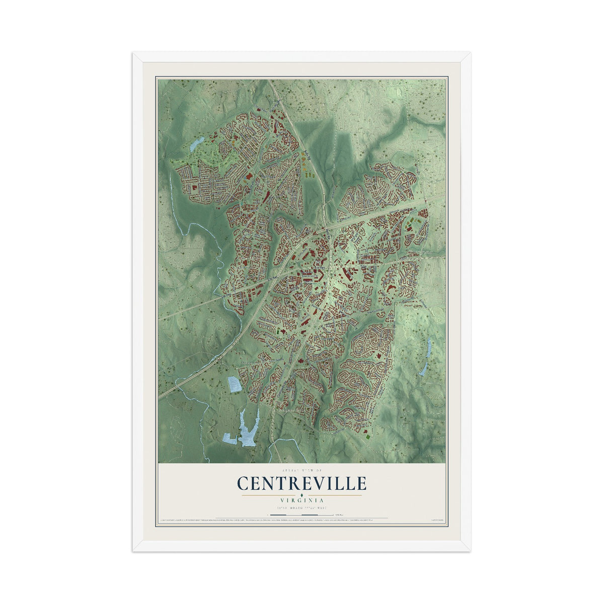 Map of Centreville, Virginia, 12 x 18 inch print in a white wood frame
