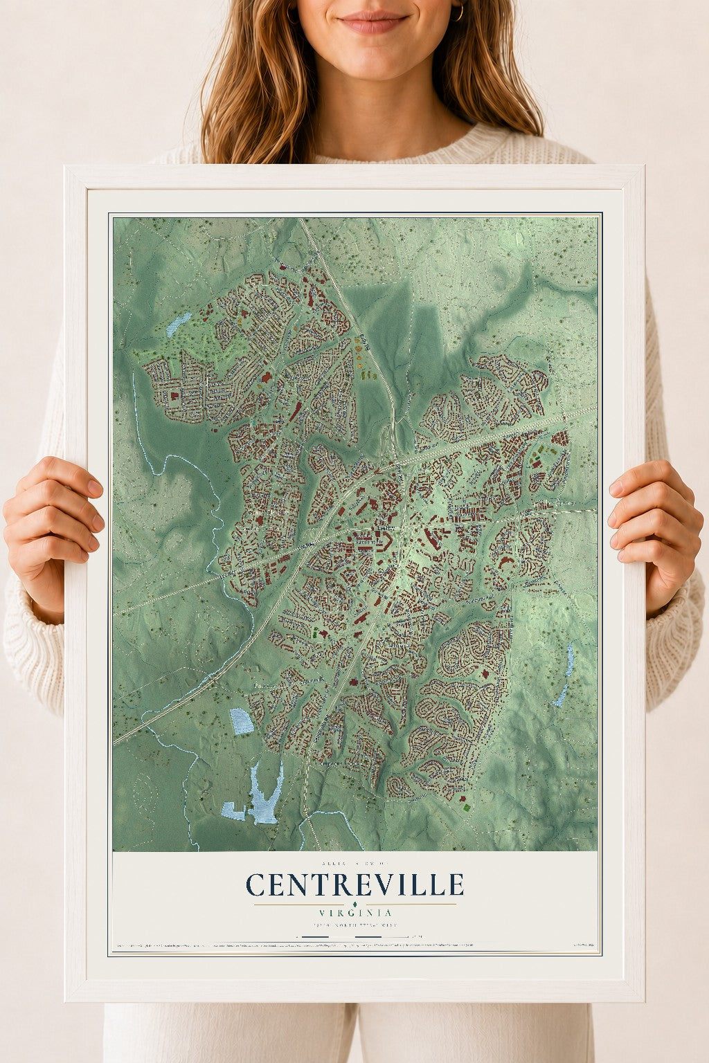 Map of Centreville, Virginia, 18 x 24 inch print in a white wood frame
