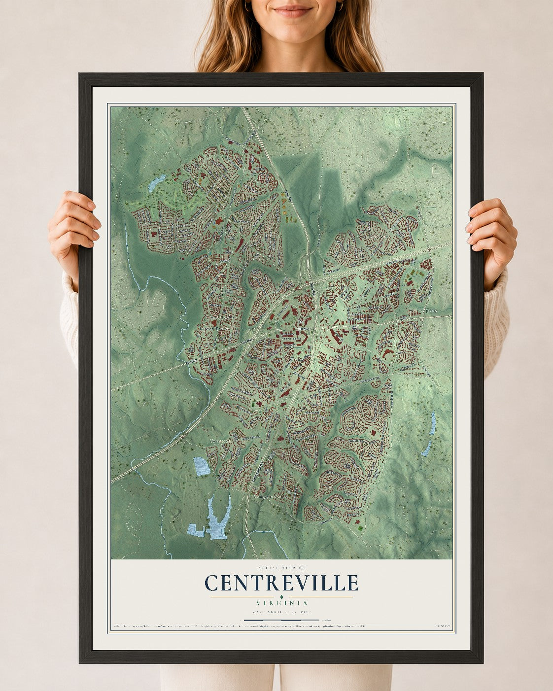 Map of Centreville, Virginia, 24 x 36 inch print in a black wood frame