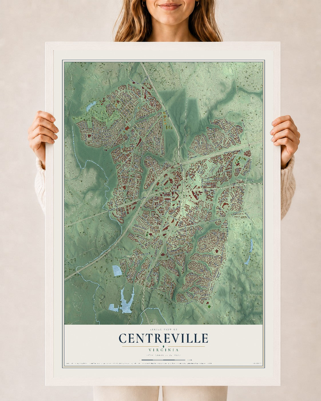 Map of Centreville, Virginia, 24 x 36 inch print in a white wood frame