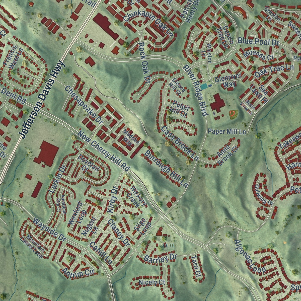 Close-up of the map of Cherry Hill, Virginia print showing street and building detail