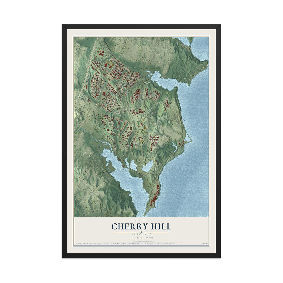 Map of Cherry Hill, Virginia, 12 x 18 inch print in a black wood frame