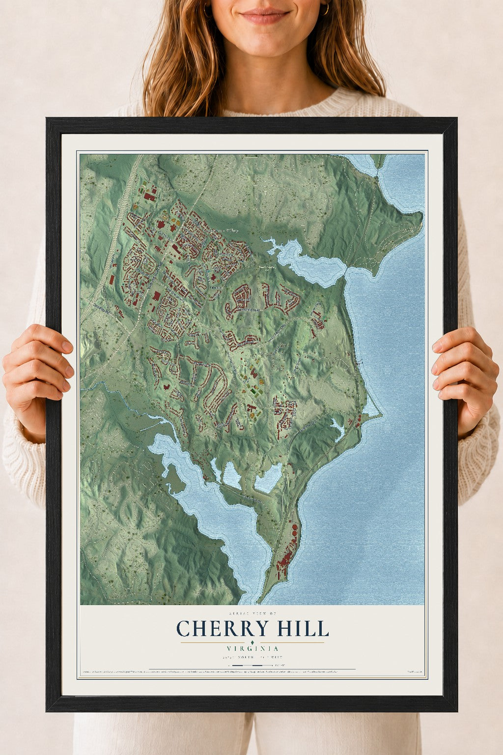 Map of Cherry Hill, Virginia, 18 x 24 inch print in a black wood frame