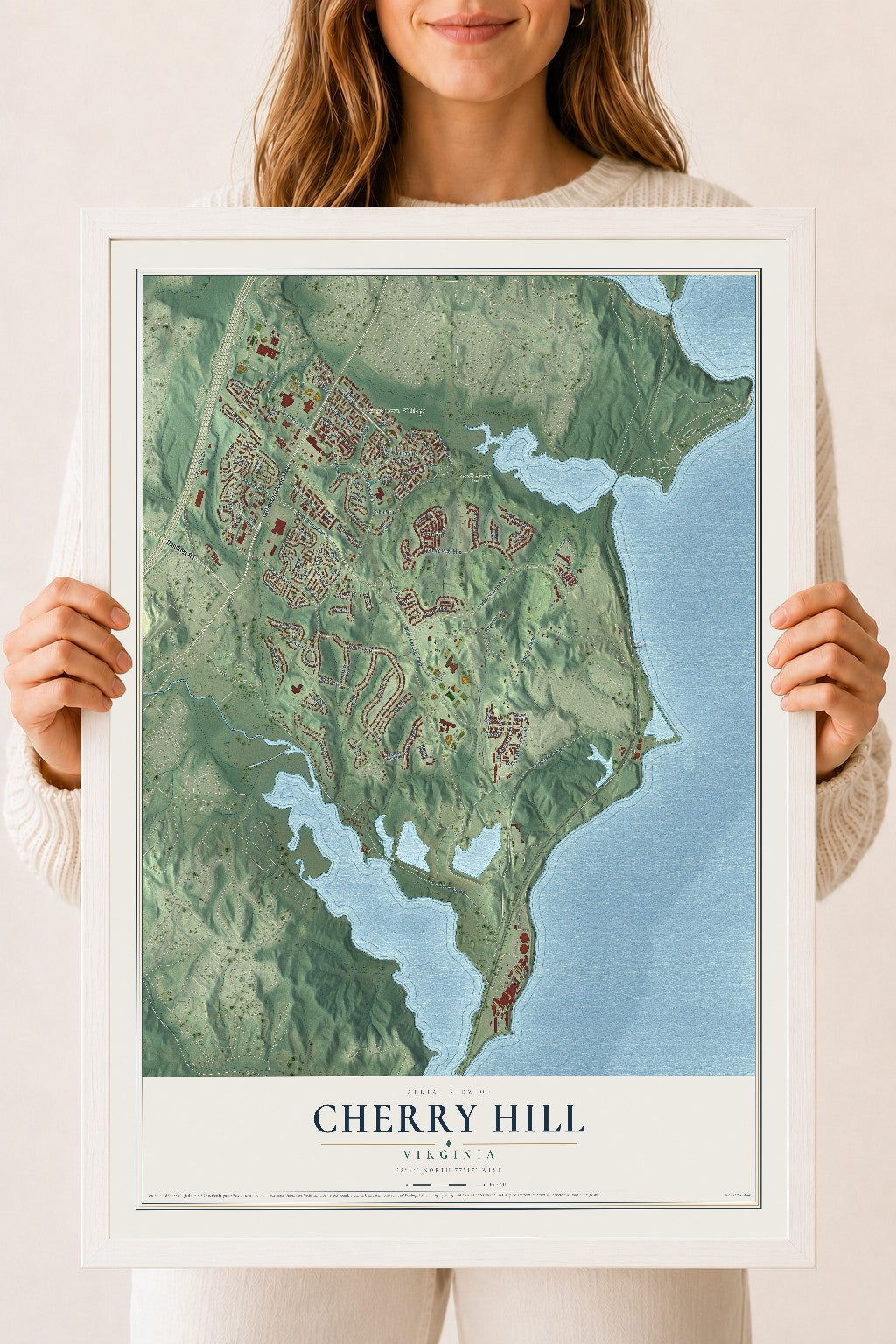 Map of Cherry Hill, Virginia, 18 x 24 inch print in a white wood frame
