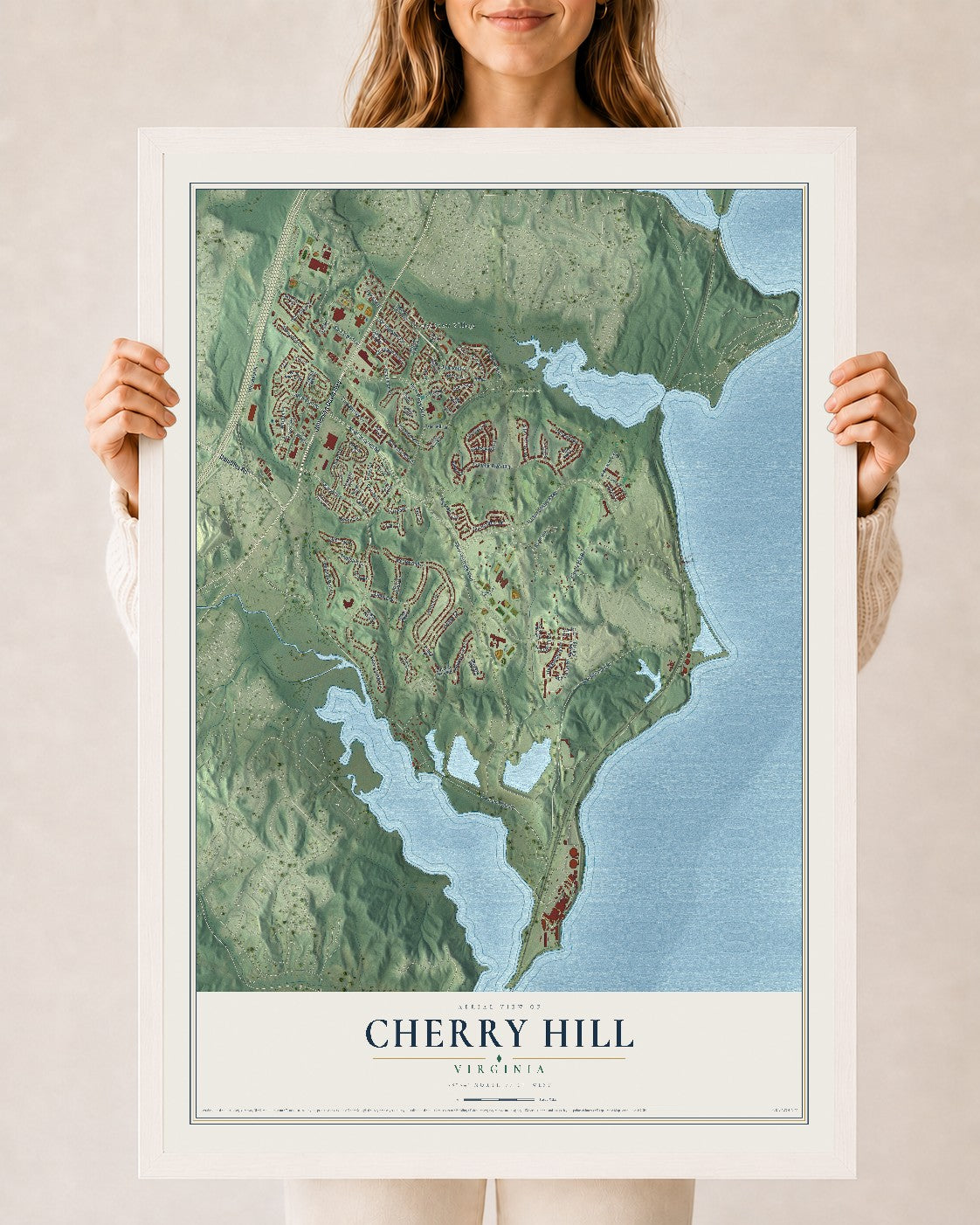 Map of Cherry Hill, Virginia, 24 x 36 inch print in a white wood frame