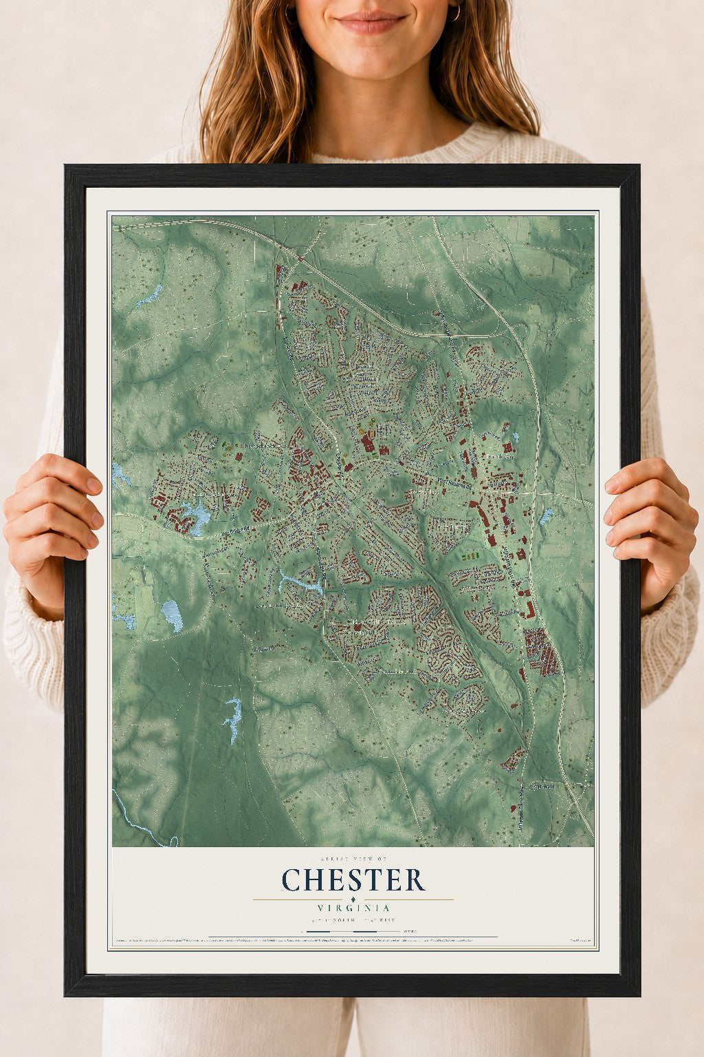 Map of Chester, Virginia, 18 x 24 inch print in a black wood frame