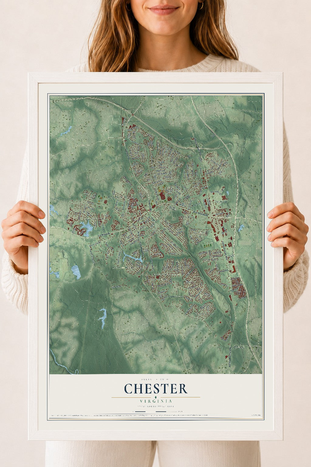 Map of Chester, Virginia, 18 x 24 inch print in a white wood frame