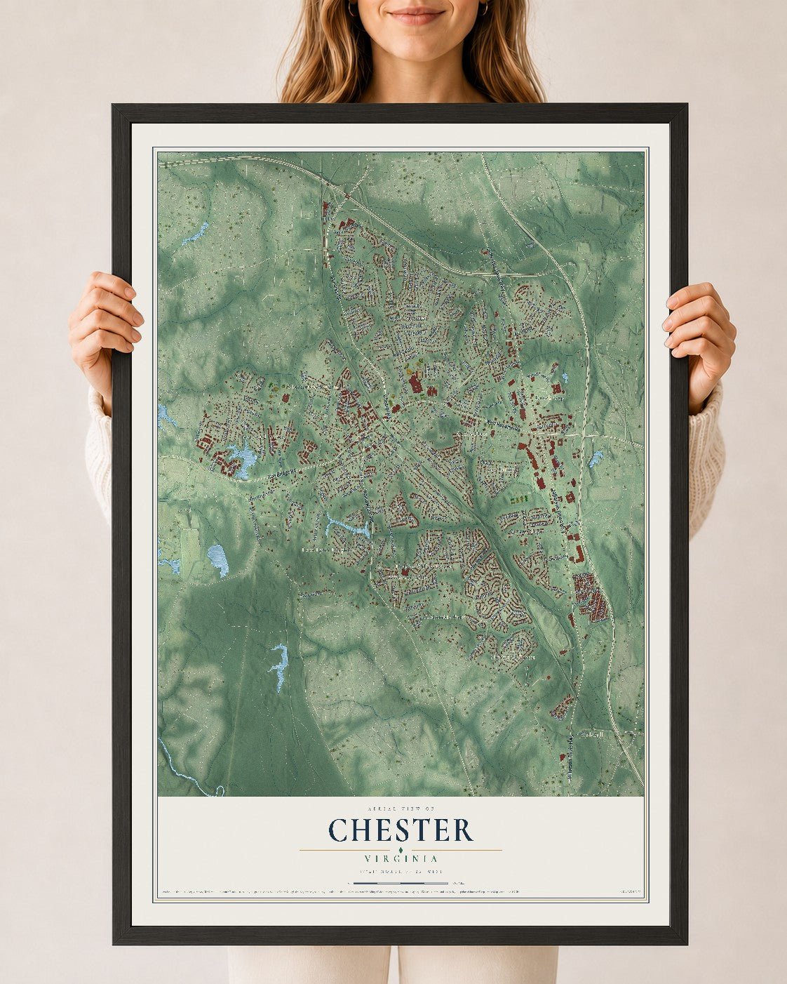Map of Chester, Virginia, 24 x 36 inch print in a black wood frame