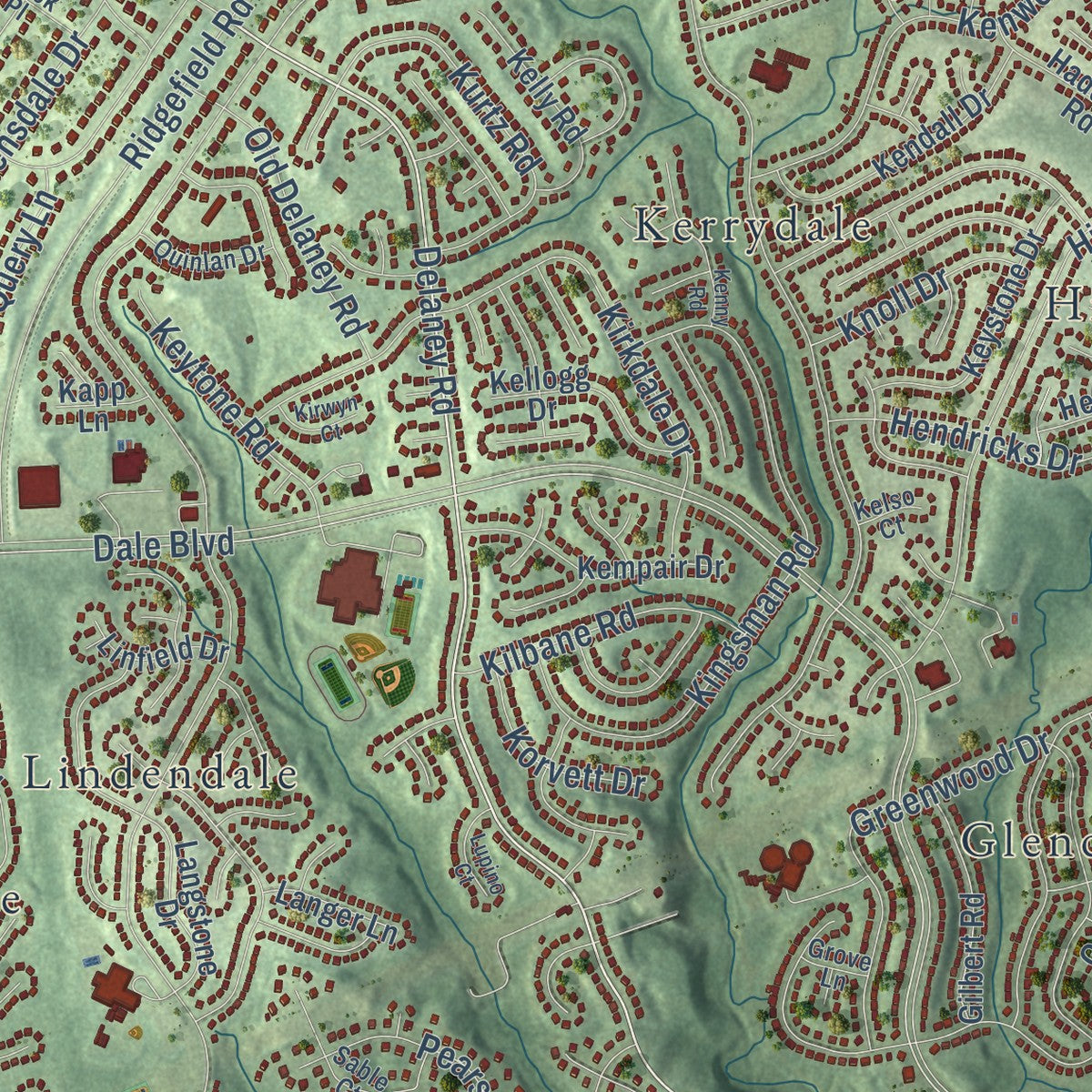 Close-up of the map of Dale City, Virginia print showing street and building detail