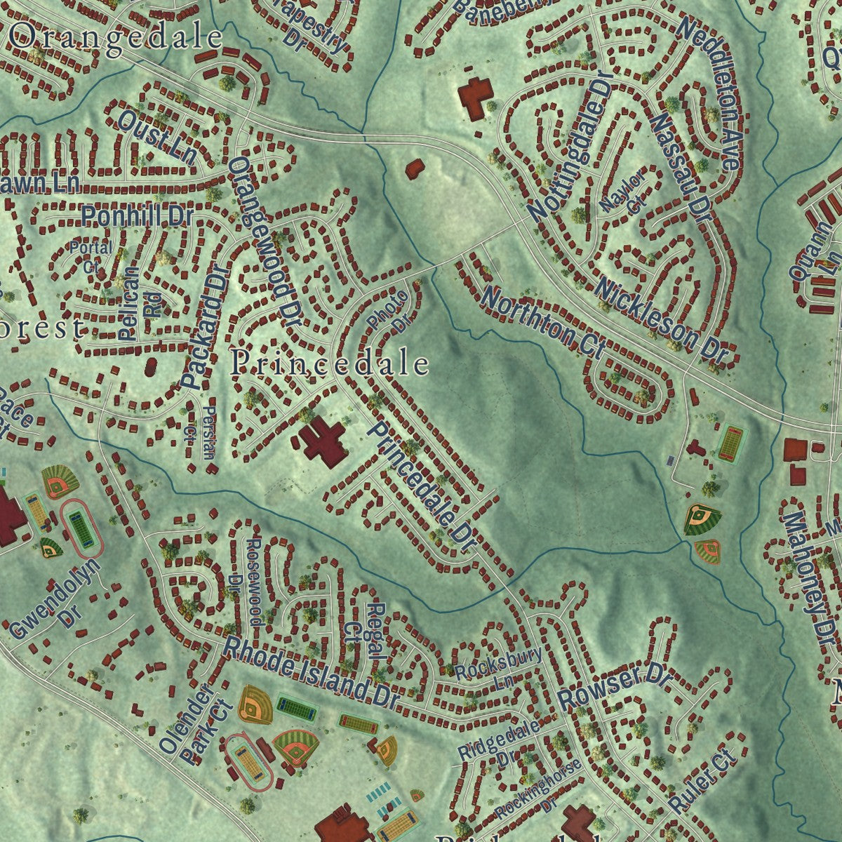 Second close-up of the map of Dale City, Virginia print showing more streets and buildings