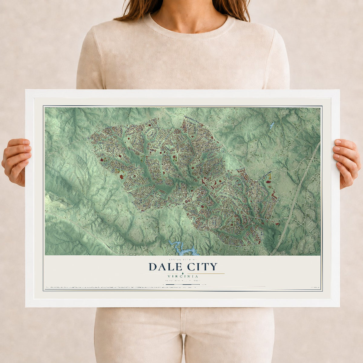 Map of Dale City, Virginia, 12 x 18 inch print in a white wood frame