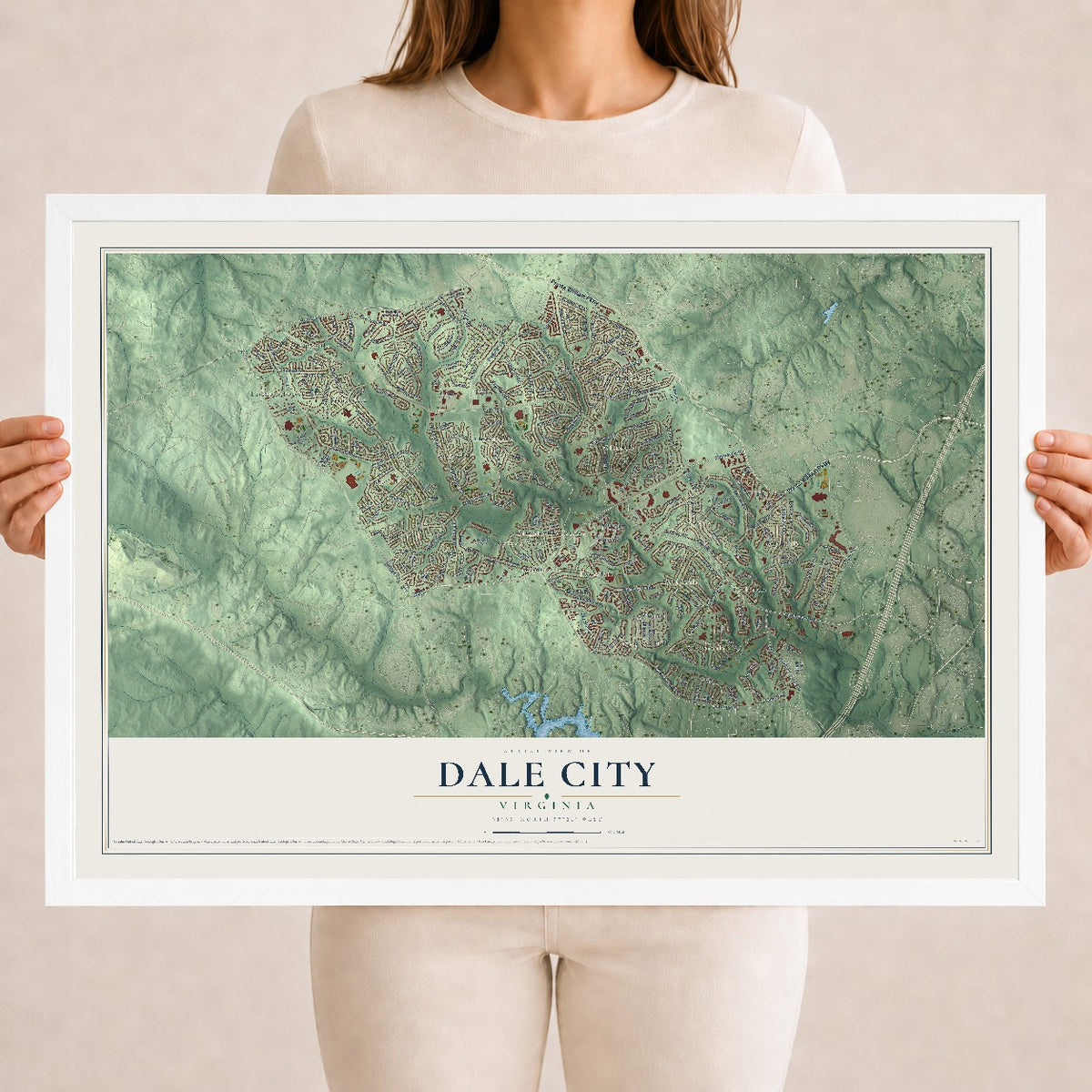 Map of Dale City, Virginia, 18 x 24 inch print in a white wood frame
