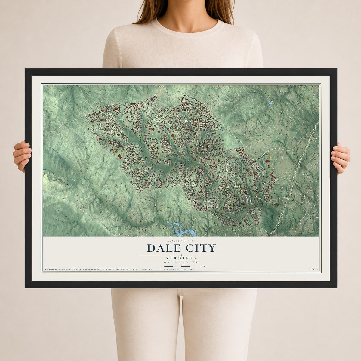 Map of Dale City, Virginia, 24 x 36 inch print in a black wood frame