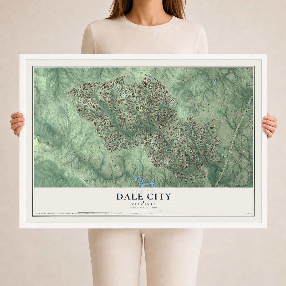 Map of Dale City, Virginia, 24 x 36 inch print in a white wood frame