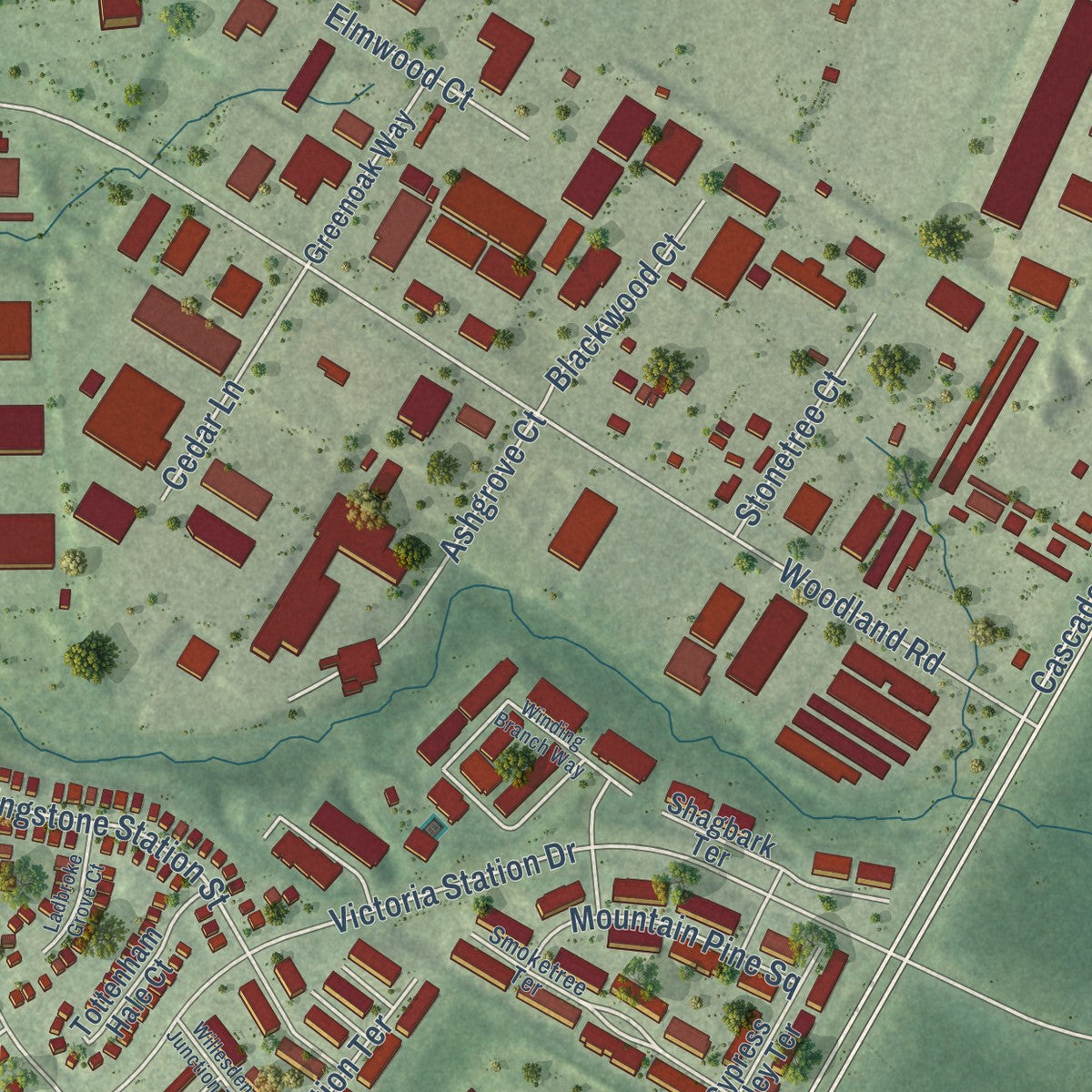 Close-up of the map of Dulles Town Center, Virginia print showing street and building detail