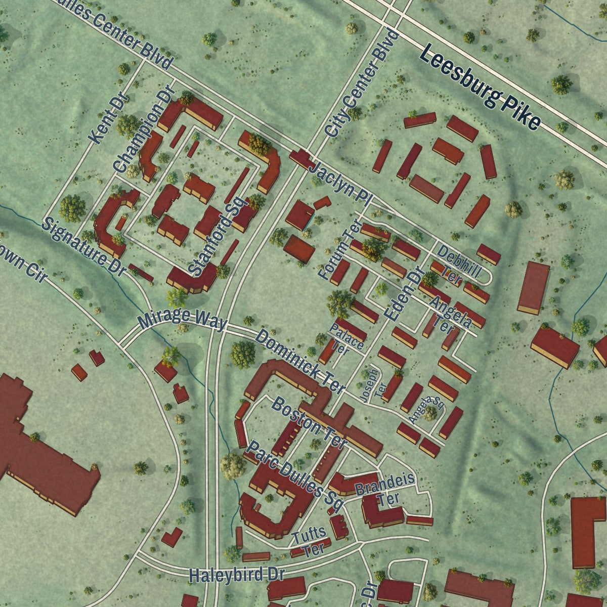 Second close-up of the map of Dulles Town Center, Virginia print showing more streets and buildings