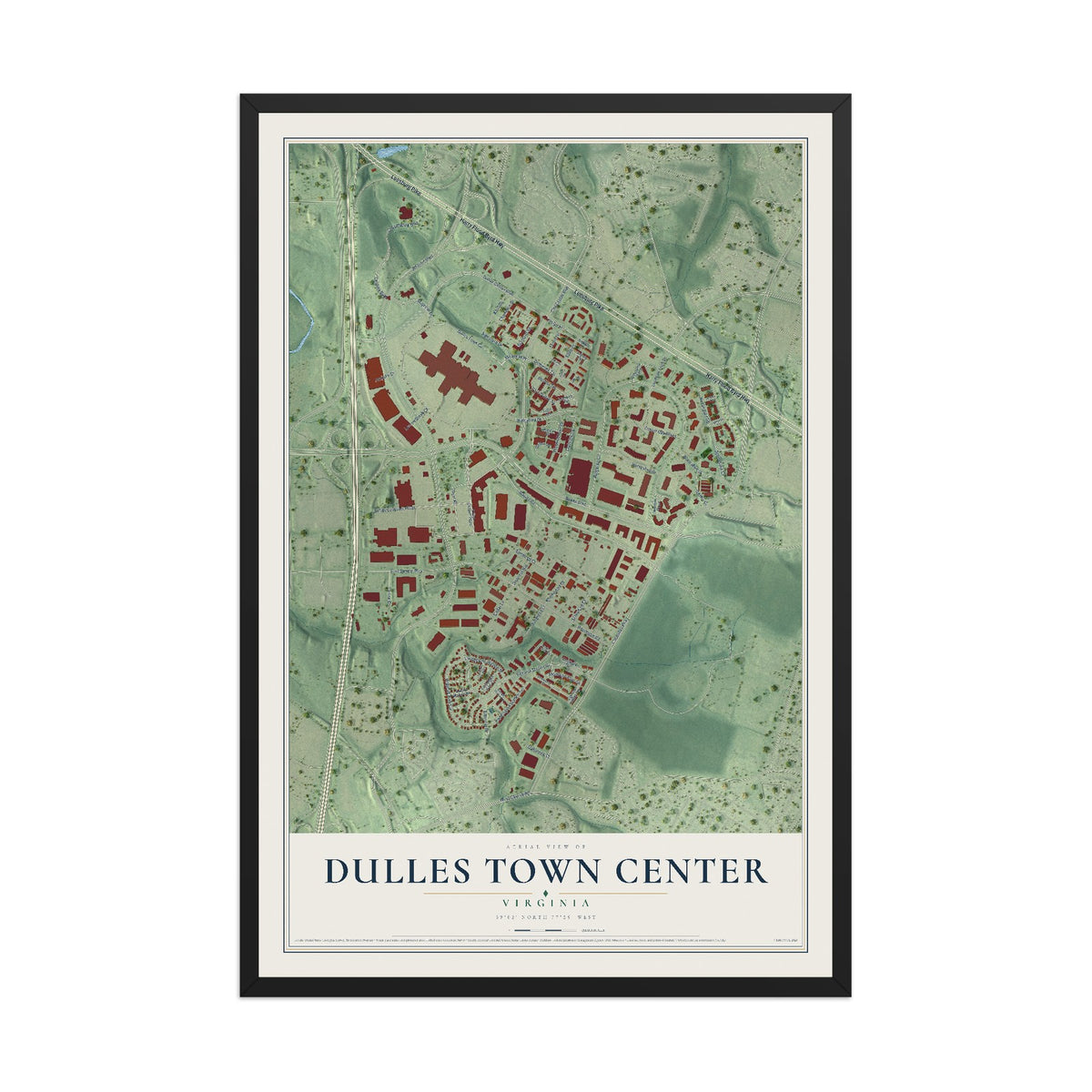 Map of Dulles Town Center, Virginia, 12 x 18 inch print in a black wood frame