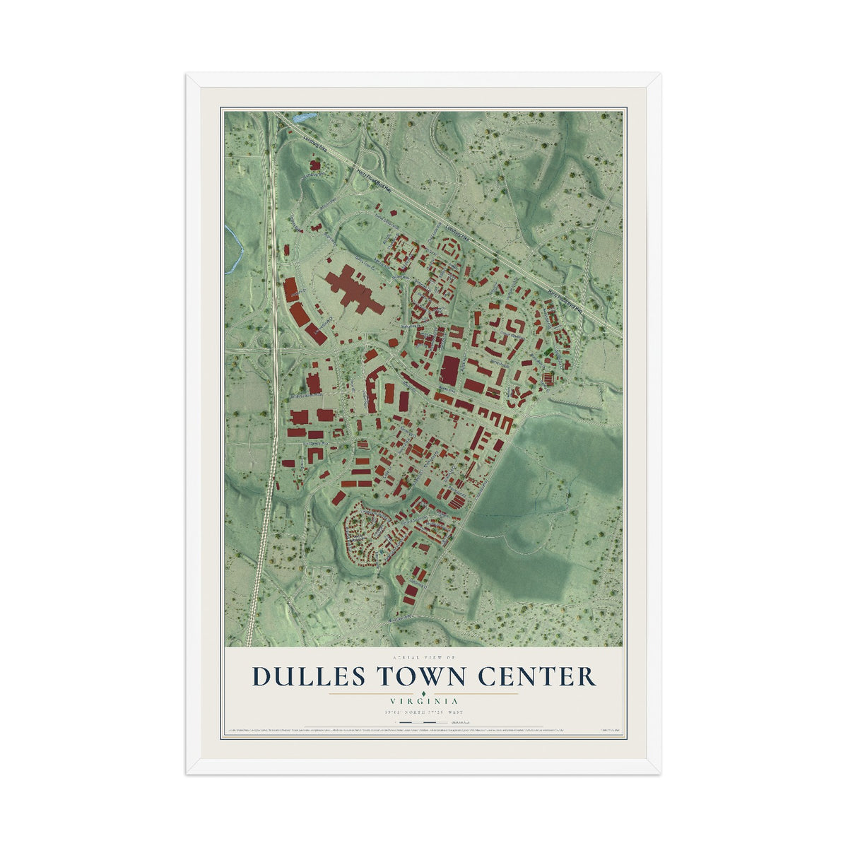 Map of Dulles Town Center, Virginia, 12 x 18 inch print in a white wood frame