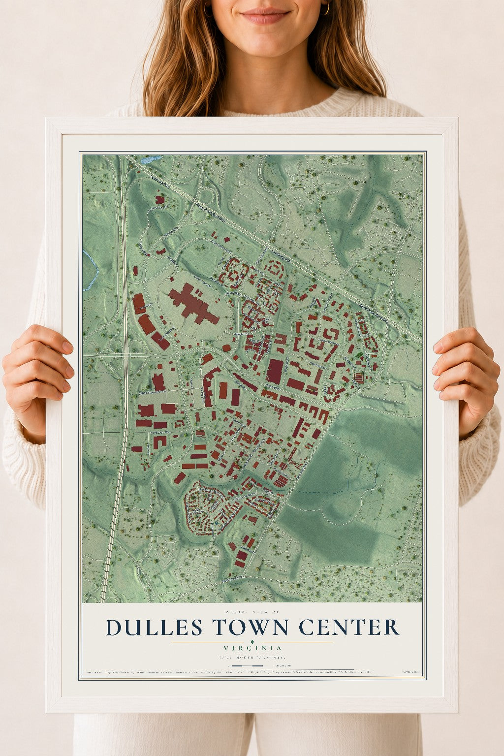 Map of Dulles Town Center, Virginia, 18 x 24 inch print in a white wood frame