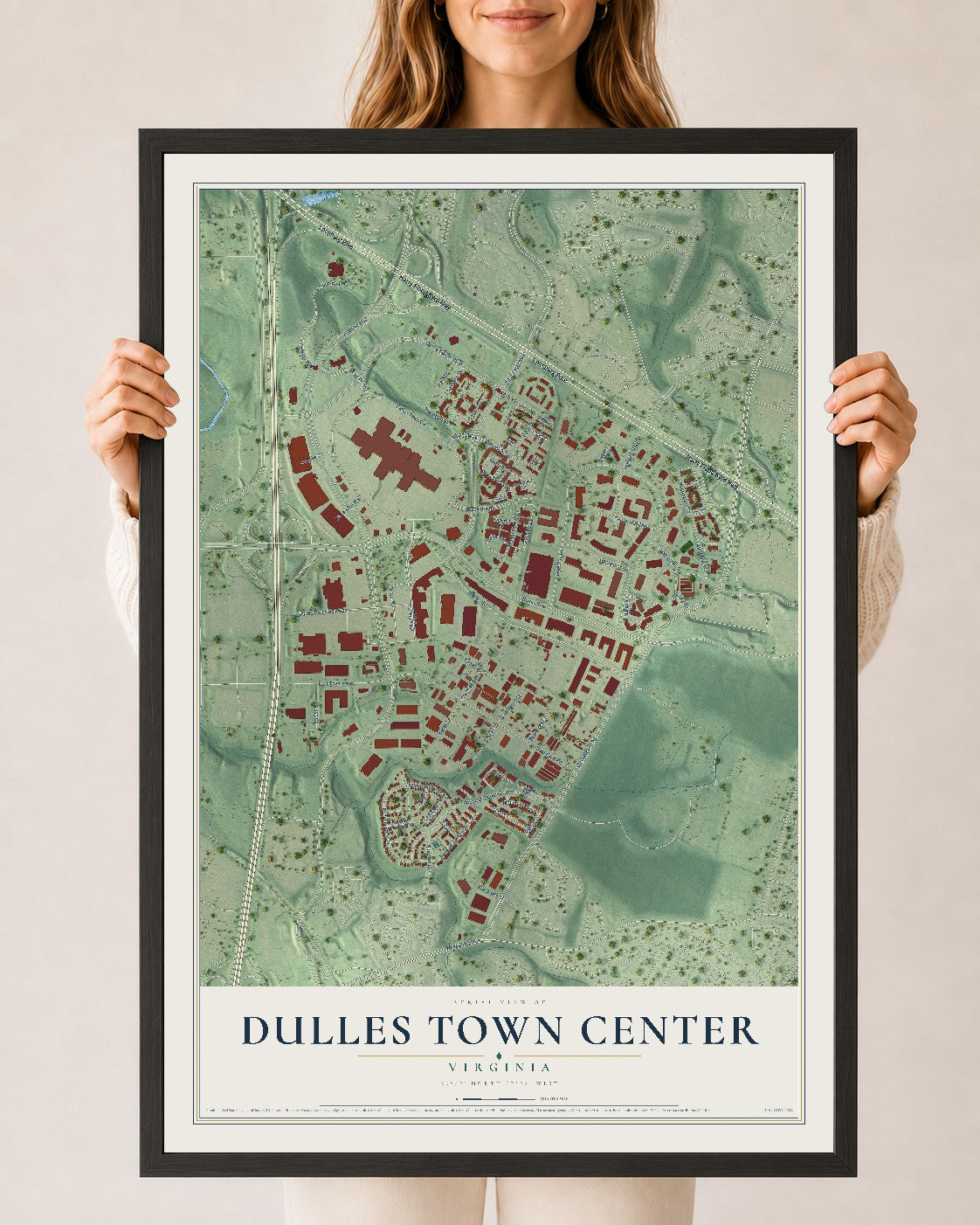 Map of Dulles Town Center, Virginia, 24 x 36 inch print in a black wood frame
